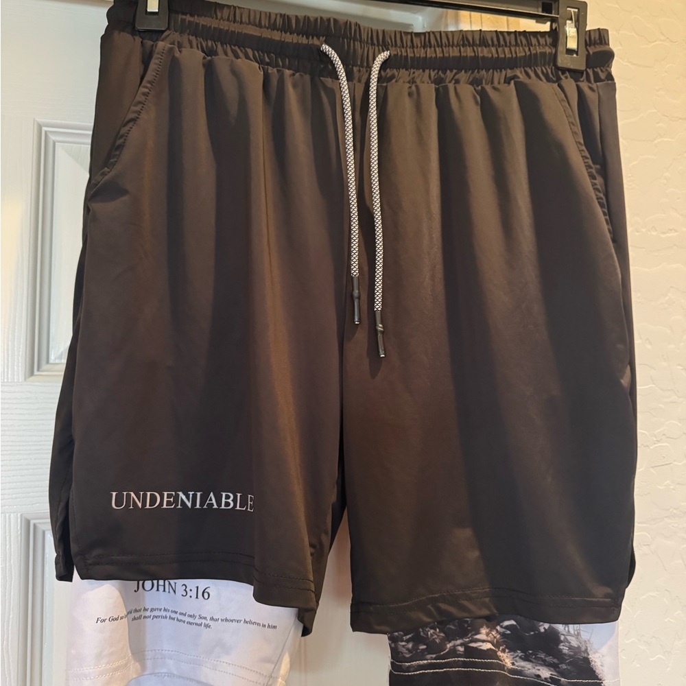 men's performance shorts with a built-in liner, size large religious bible